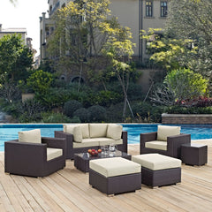 Convene Espresso/Beige 8 Piece Outdoor Patio Sectional Set - 83.5x163.5" - Ornate Home