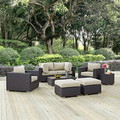 Convene Espresso/Beige 8 Piece Outdoor Patio Sectional Set - 83.5x163.5" - Ornate Home