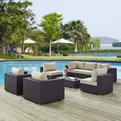 Convene Espresso/Beige 8 Piece Outdoor Patio Sectional Set - 98.5x113.5" - Ornate Home