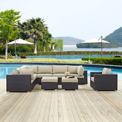 Convene Espresso/Beige 9 Piece Outdoor Patio Sectional Set - Ornate Home