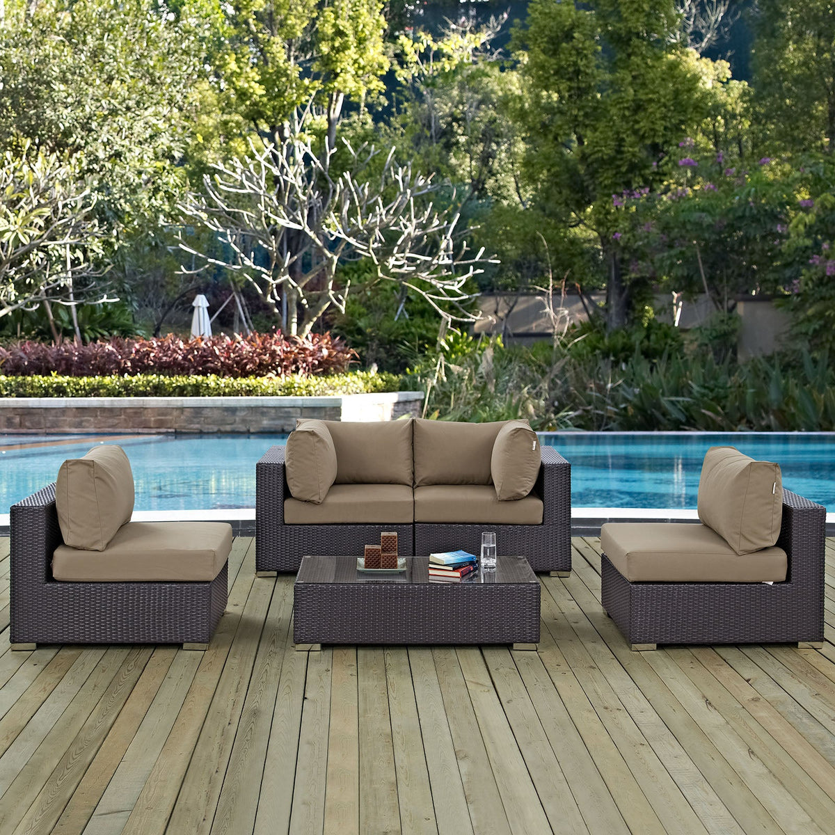 Convene Espresso/Mocha 5 Piece Outdoor Patio Sectional Set - 67x134" - Ornate Home
