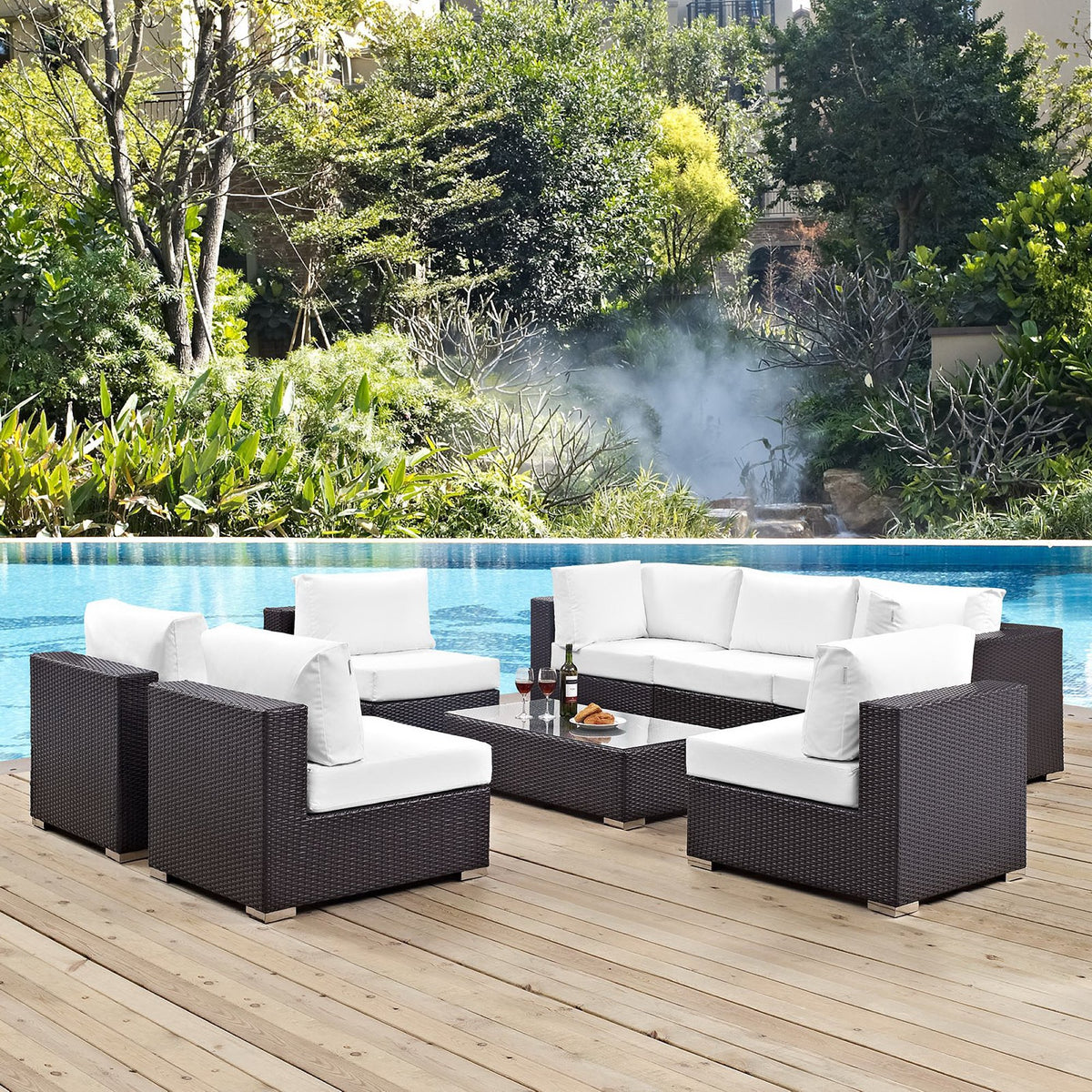Convene Espresso/White 8 Piece Outdoor Patio Sectional Set - 64x226" - Ornate Home