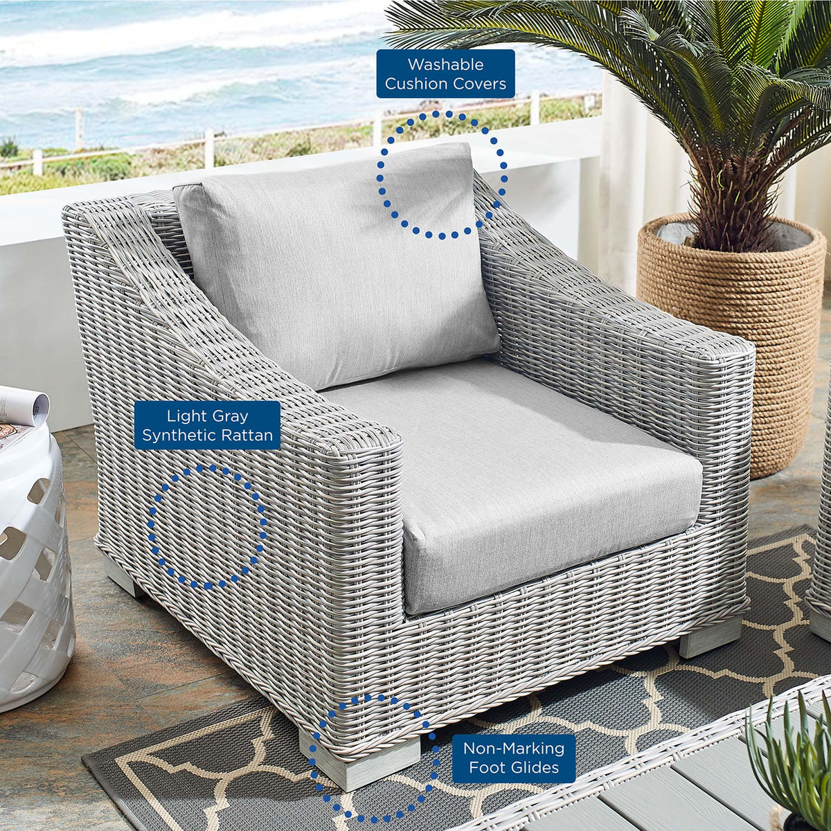 Conway Light Gray/Gray Sunbrella Outdoor Patio Wicker Rattan Armchair - Ornate Home