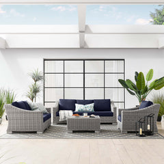 Conway Light Gray Navy 4-Piece Outdoor Patio Wicker Rattan Furniture Set - 91x150" - Ornate Home
