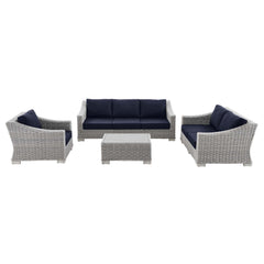 Conway Light Gray Navy 4-Piece Outdoor Patio Wicker Rattan Furniture Set - 91x150" - Ornate Home