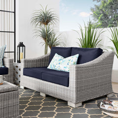 Conway Light Gray/Navy Outdoor Patio Wicker Rattan Loveseat - Ornate Home