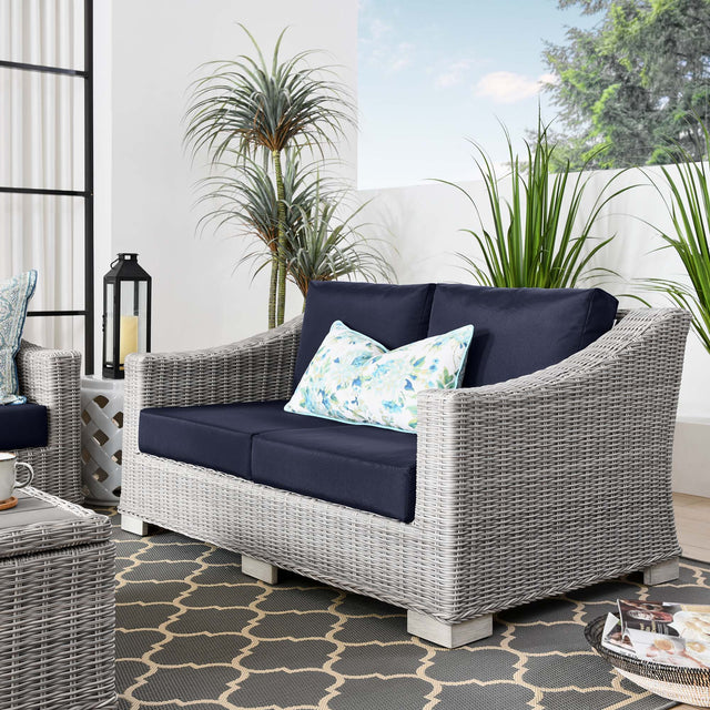 Conway Light Gray/Navy Outdoor Patio Wicker Rattan Loveseat - Ornate Home