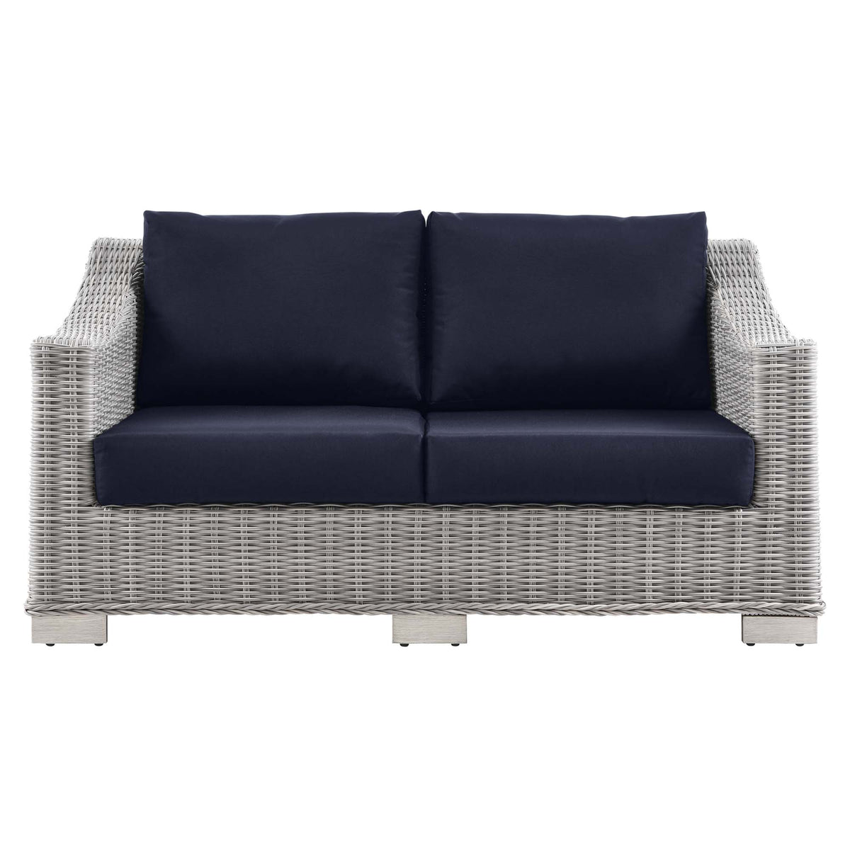 Conway Light Gray/Navy Outdoor Patio Wicker Rattan Loveseat - Ornate Home