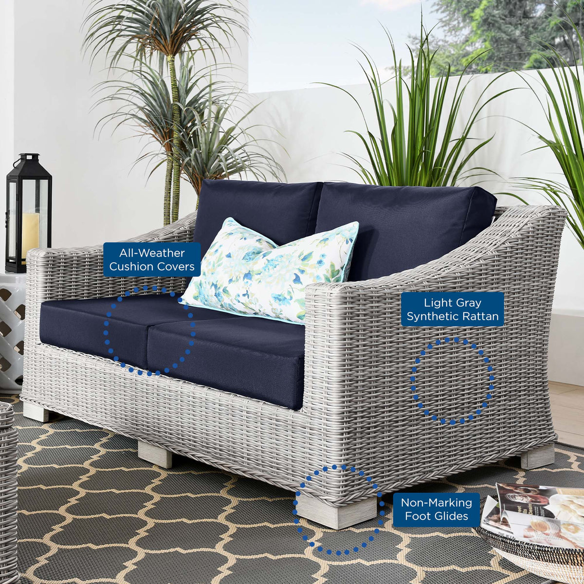 Conway Light Gray/Navy Outdoor Patio Wicker Rattan Loveseat - Ornate Home
