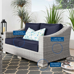 Conway Light Gray/Navy Outdoor Patio Wicker Rattan Loveseat - Ornate Home