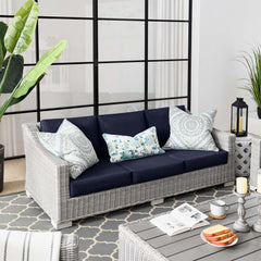 Conway Light Gray/Navy Outdoor Patio Wicker Rattan Sofa - Ornate Home