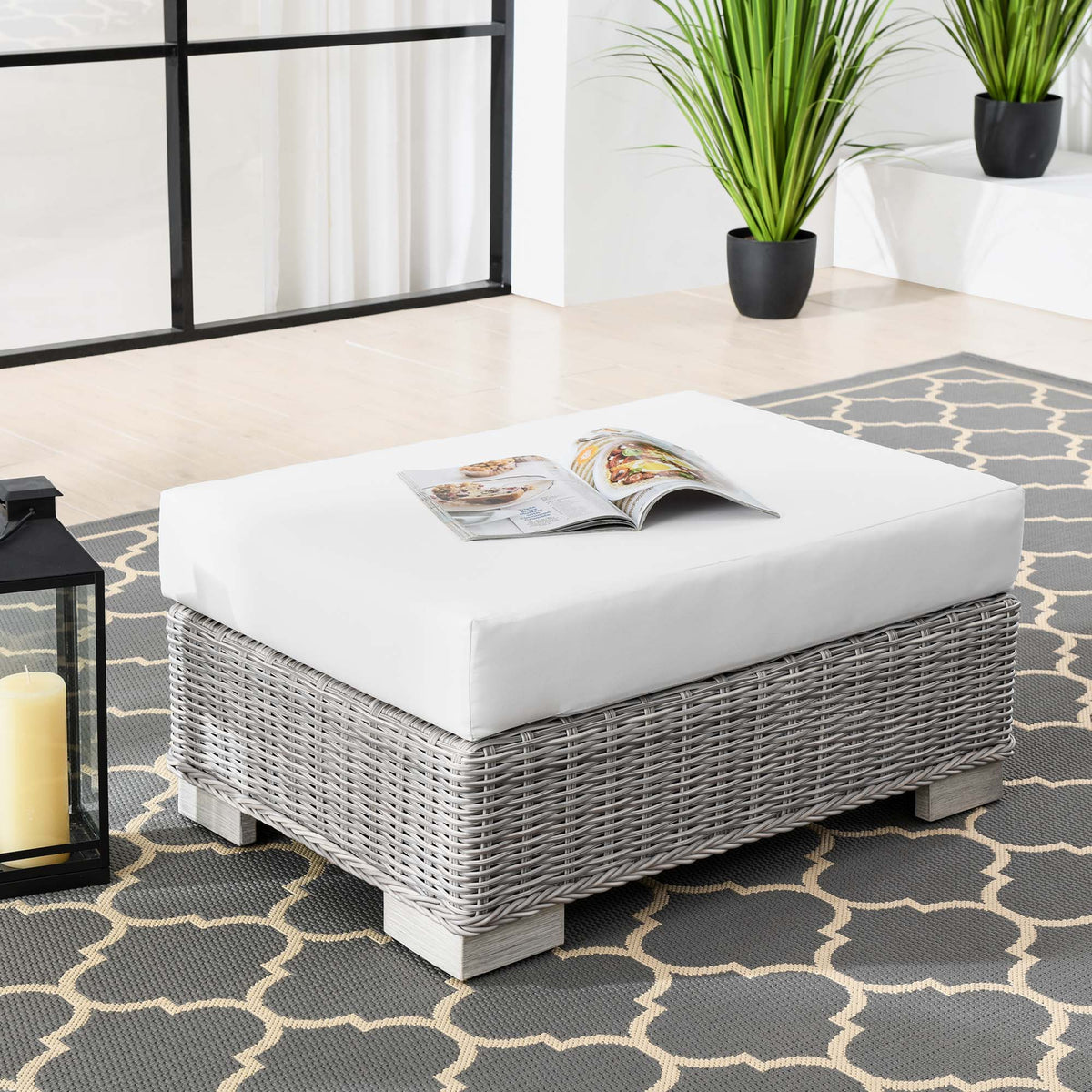 Conway Light Gray/White Outdoor Patio Wicker Rattan Ottoman - Ornate Home