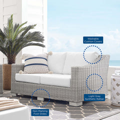 Conway Light Gray/White Sunbrella Outdoor Patio Wicker Rattan Loveseat - Ornate Home