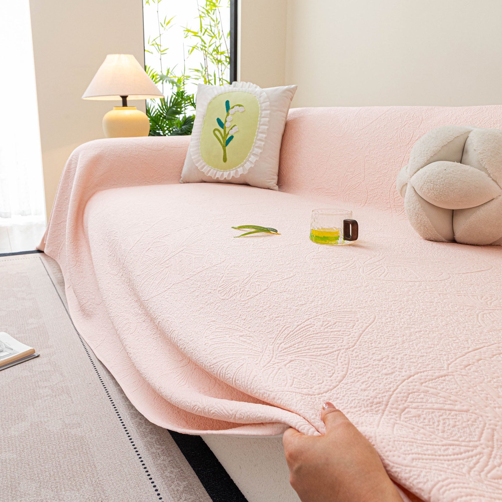 Cooling Embossed Botanical Couch Cover, Soft Ice Silk Furniture Protector for Sofa - Ornate Home