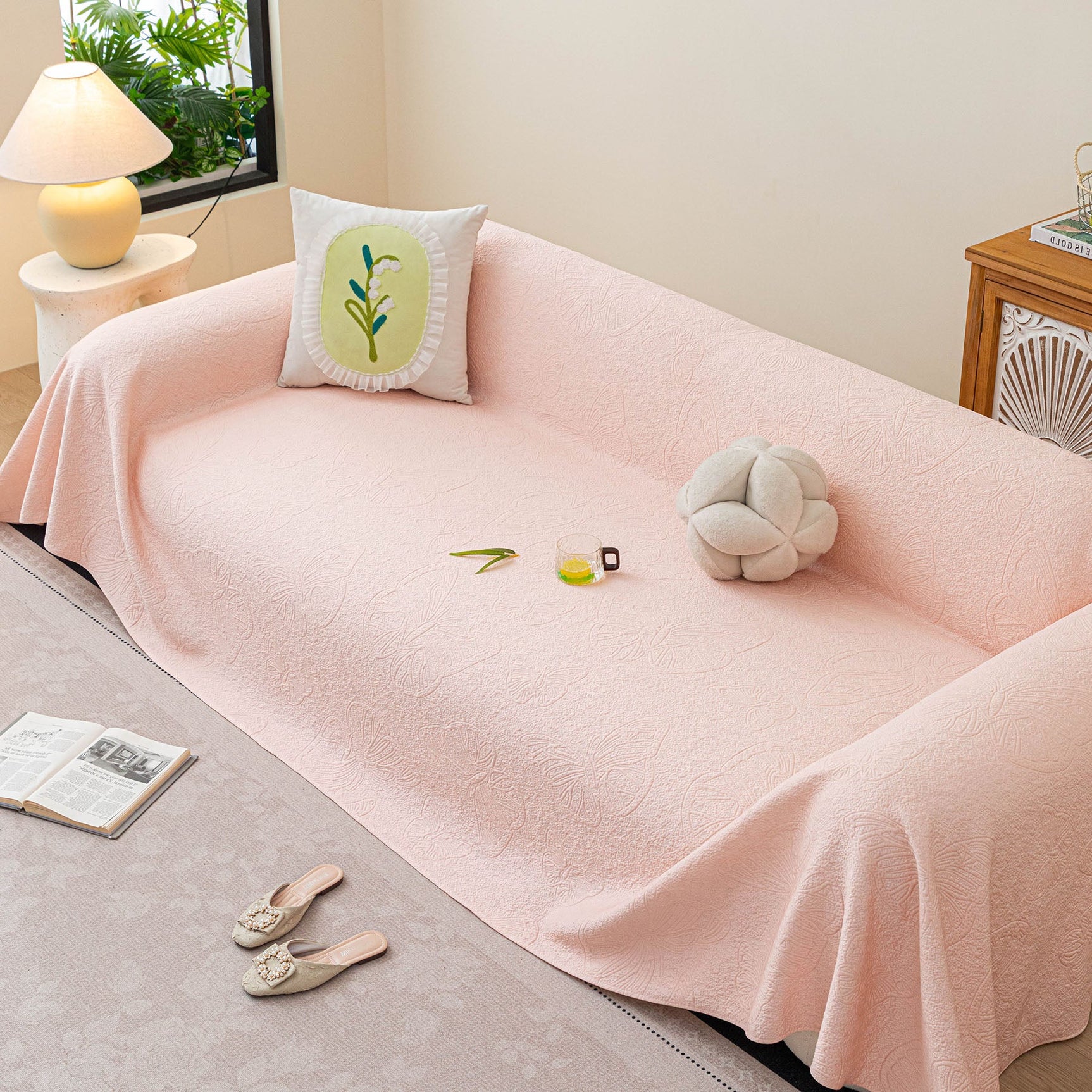 Cooling Embossed Botanical Couch Cover, Soft Ice Silk Furniture Protector for Sofa - Ornate Home
