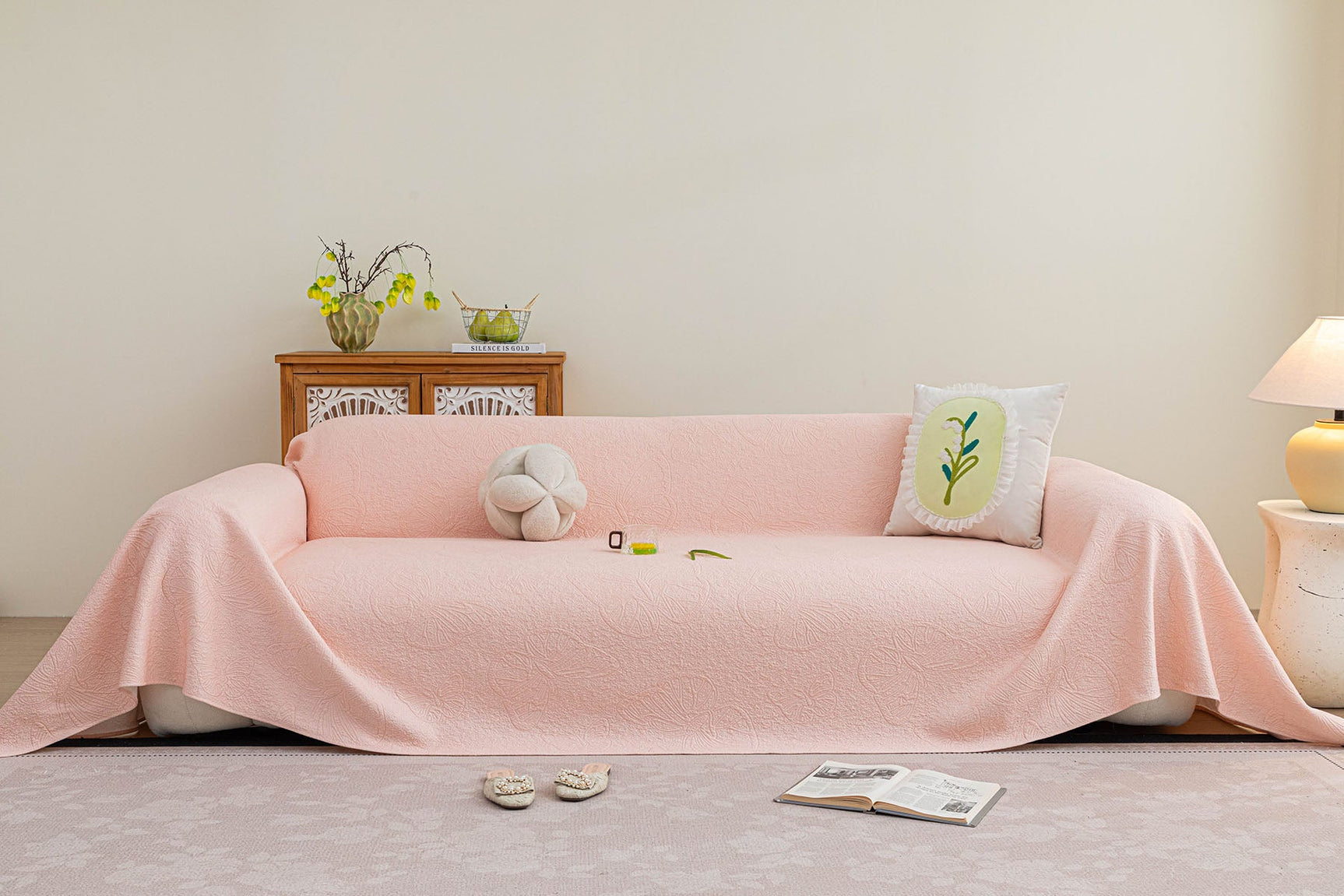 Cooling Embossed Botanical Couch Cover, Soft Ice Silk Furniture Protector for Sofa - Ornate Home