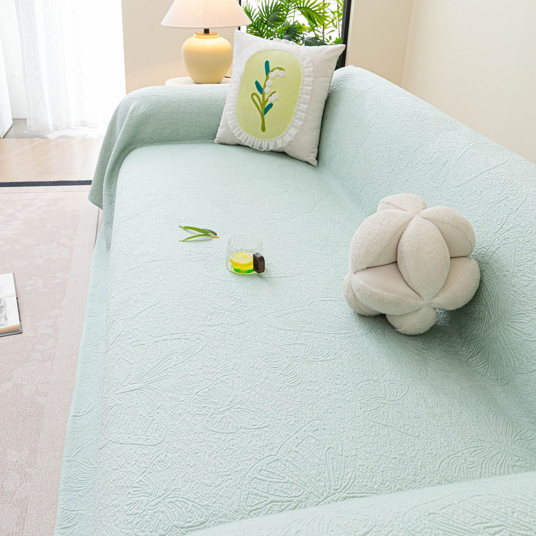 Cooling Embossed Botanical Couch Cover, Soft Ice Silk Furniture Protector for Sofa - Ornate Home