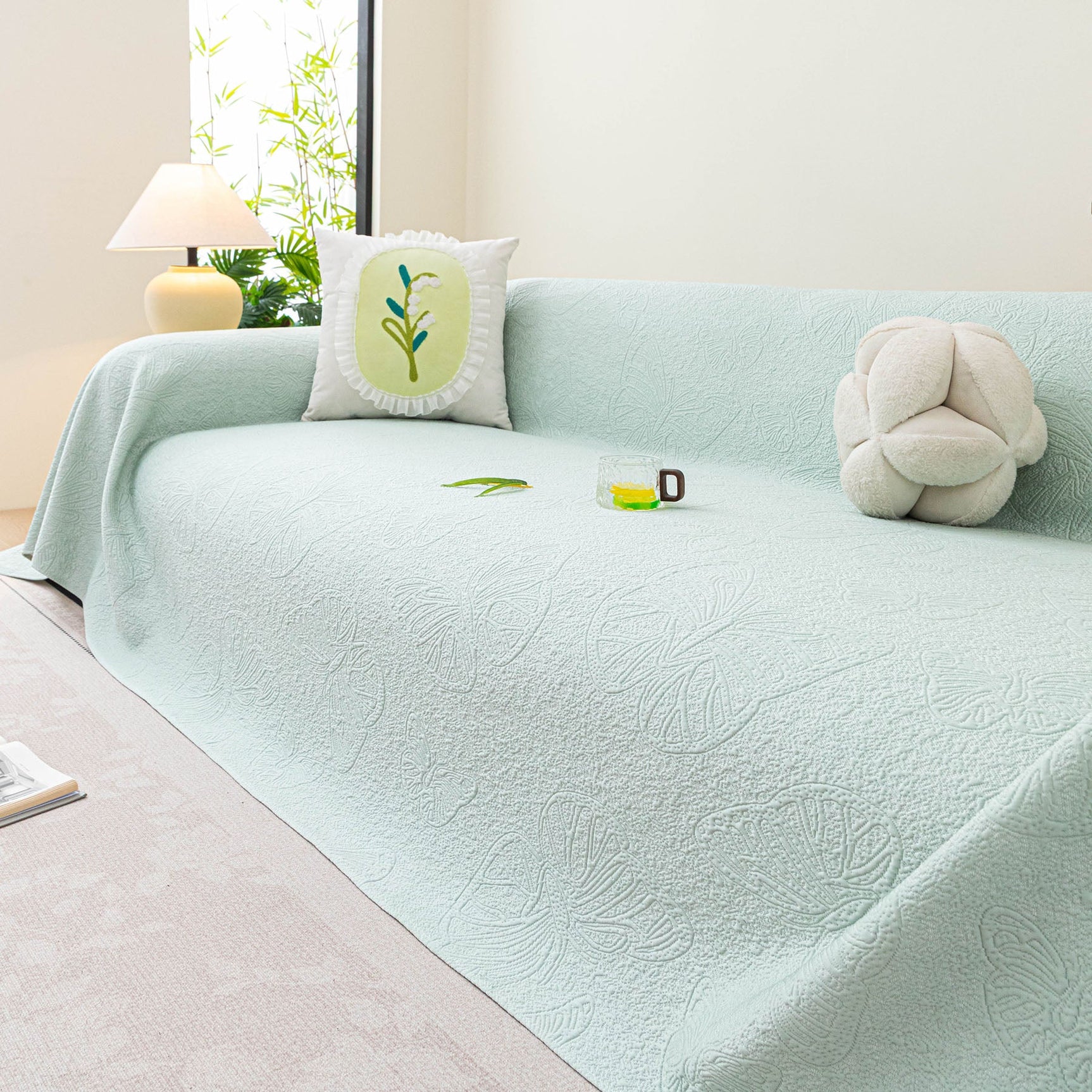 Cooling Embossed Botanical Couch Cover, Soft Ice Silk Furniture Protector for Sofa - Ornate Home