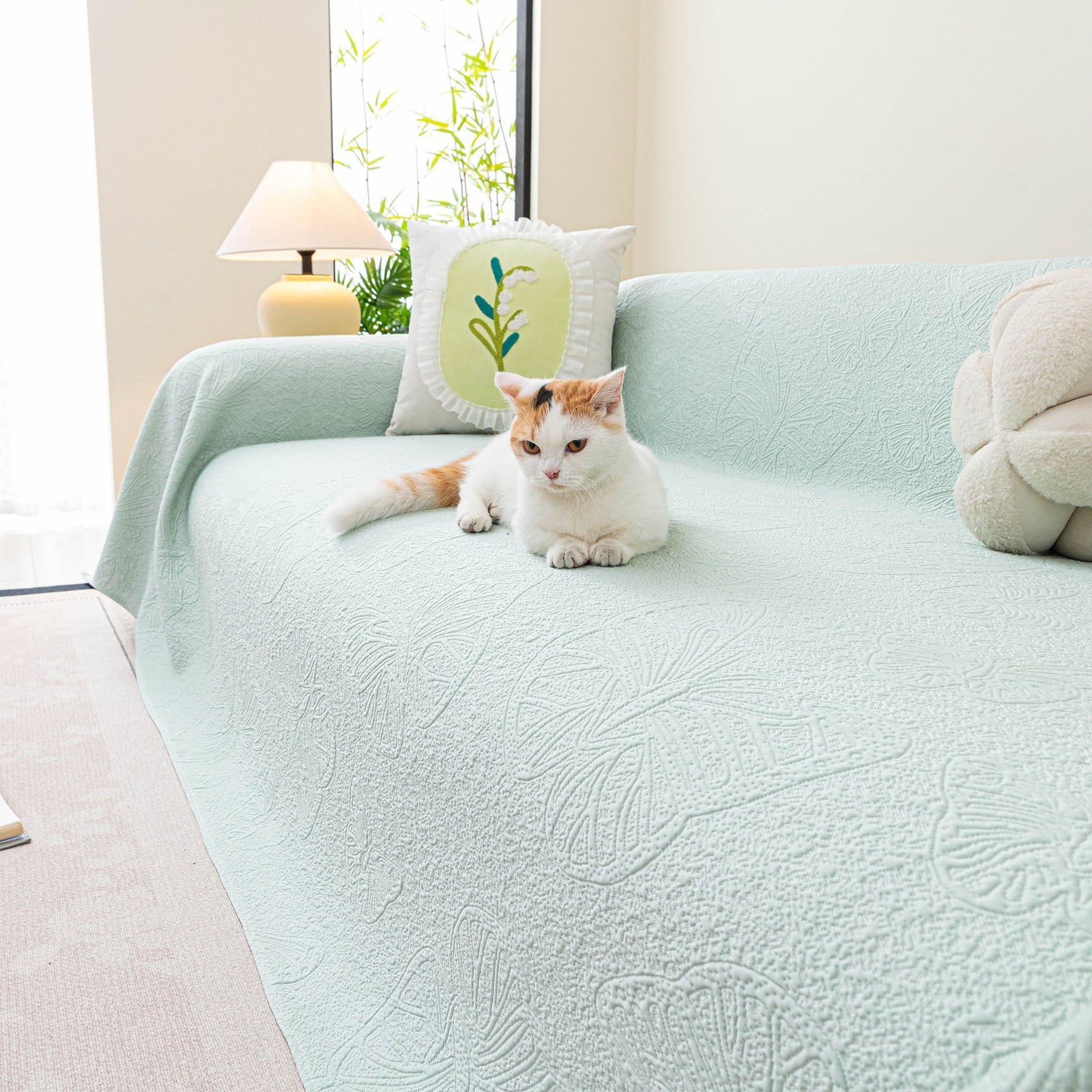 Cooling Embossed Botanical Couch Cover, Soft Ice Silk Furniture Protector for Sofa - Ornate Home