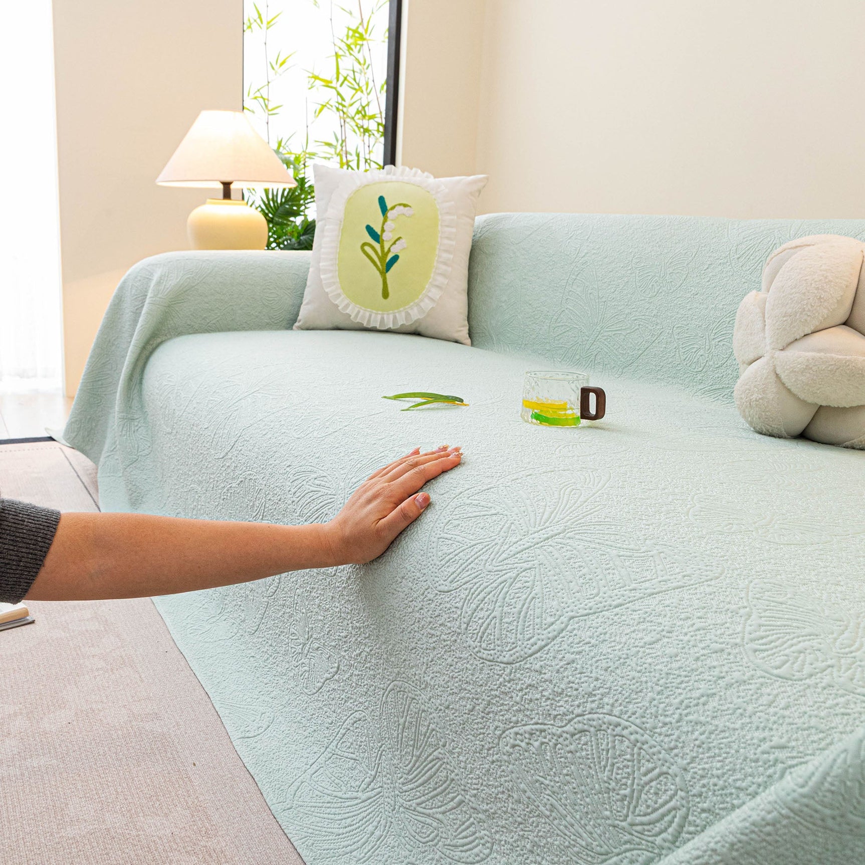 Cooling Embossed Botanical Couch Cover, Soft Ice Silk Furniture Protector for Sofa - Ornate Home