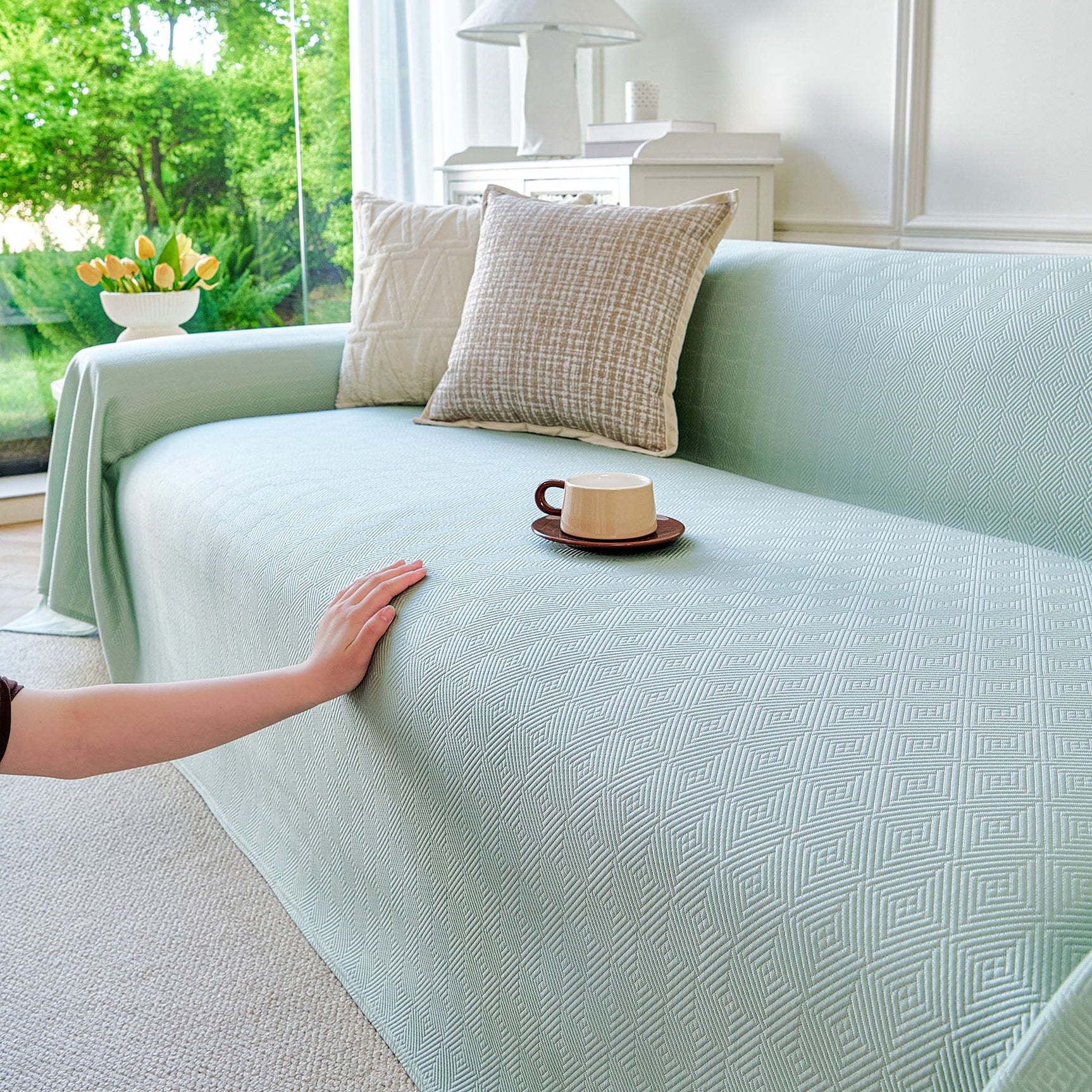 Cooling Ice Silk Soft Sofa Cover Blanket, Woven Geometric Textured Modern Couch Cover - Ornate Home