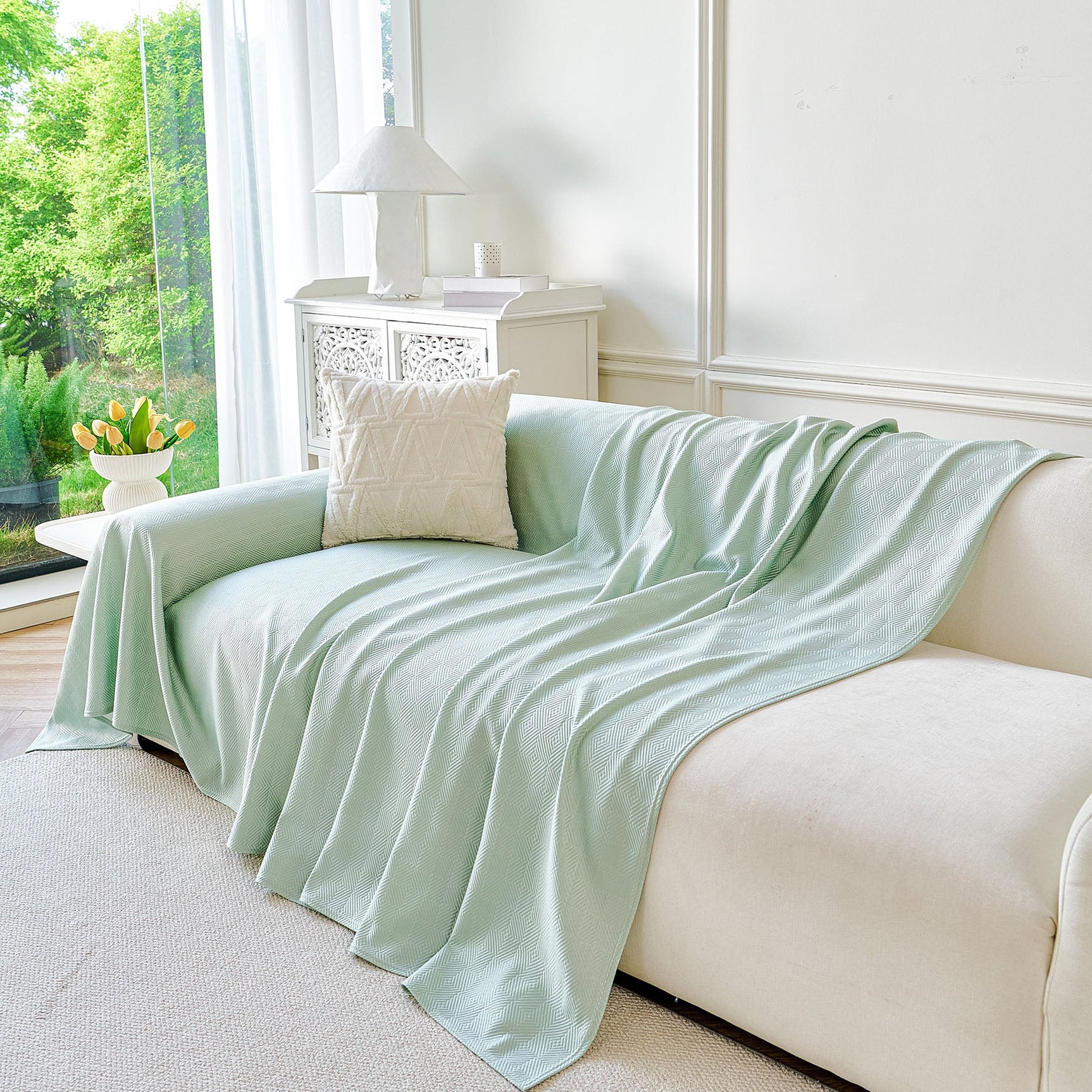 Cooling Ice Silk Soft Sofa Cover Blanket, Woven Geometric Textured Modern Couch Cover - Ornate Home