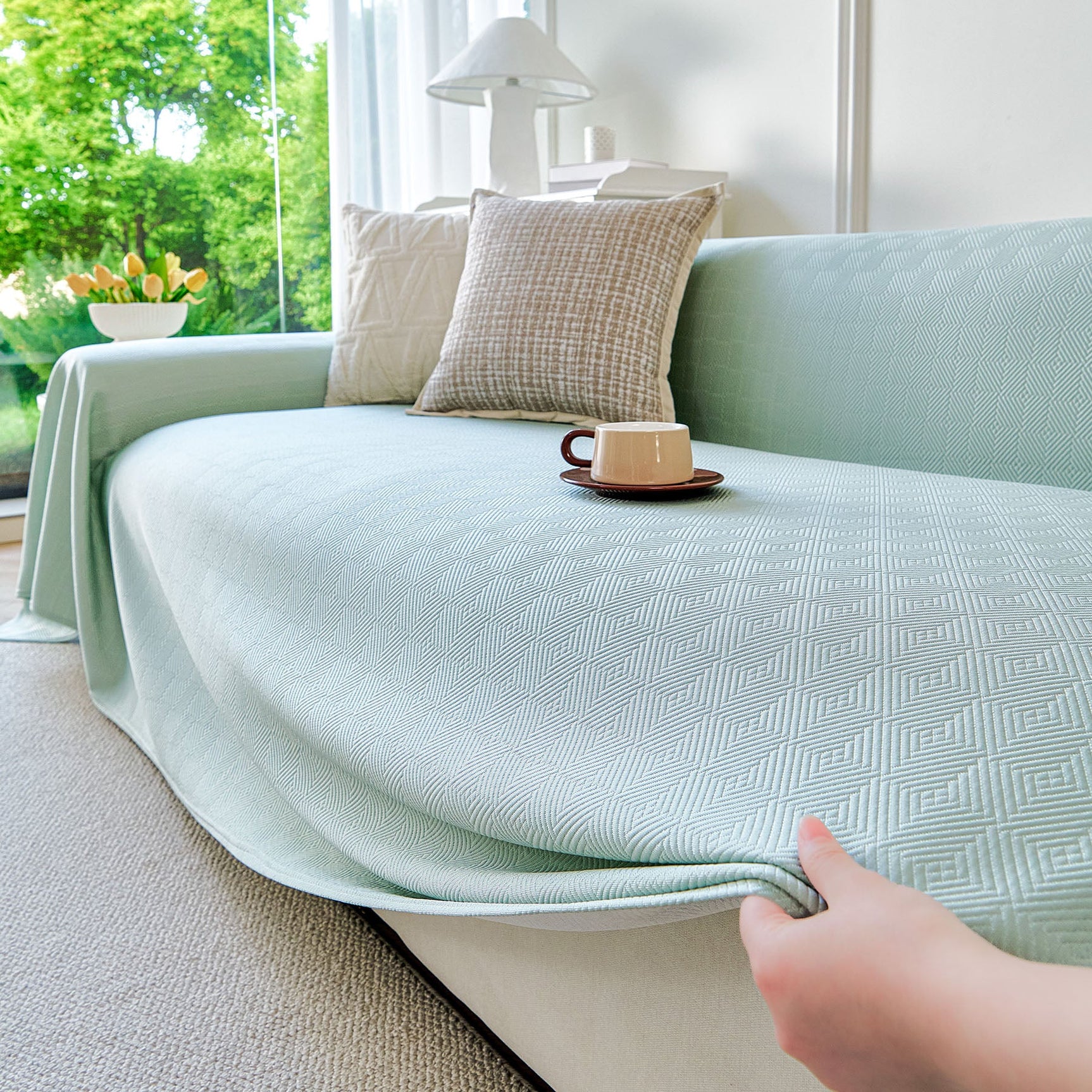 Cooling Ice Silk Soft Sofa Cover Blanket, Woven Geometric Textured Modern Couch Cover - Ornate Home