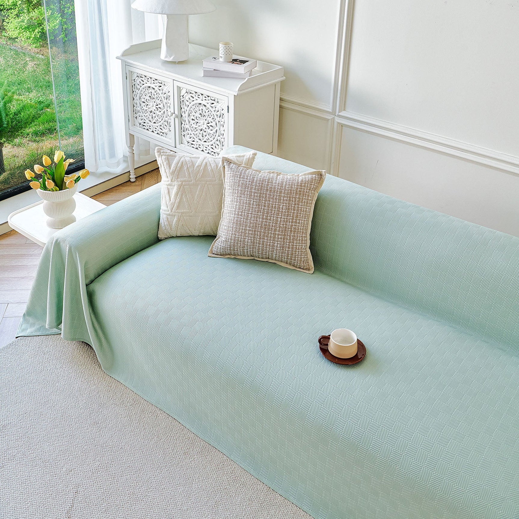 Cooling Ice Silk Soft Sofa Cover Blanket, Woven Geometric Textured Modern Couch Cover - Ornate Home