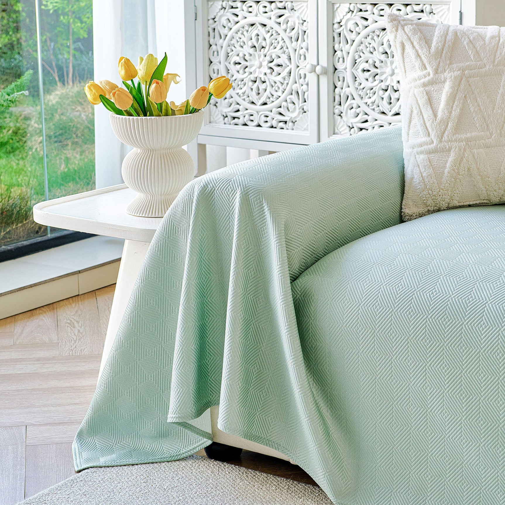 Cooling Ice Silk Soft Sofa Cover Blanket, Woven Geometric Textured Modern Couch Cover - Ornate Home
