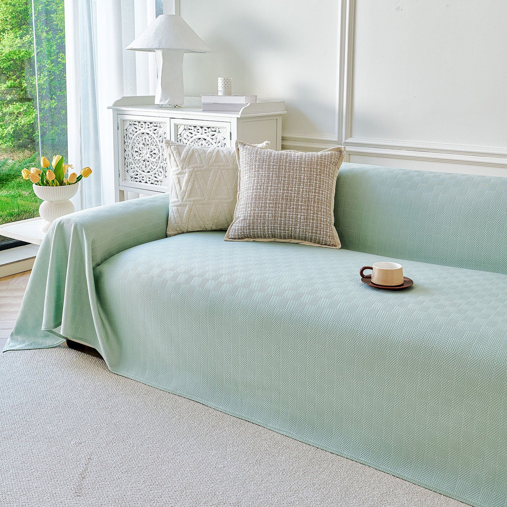 Cooling Ice Silk Soft Sofa Cover Blanket, Woven Geometric Textured Modern Couch Cover - Ornate Home
