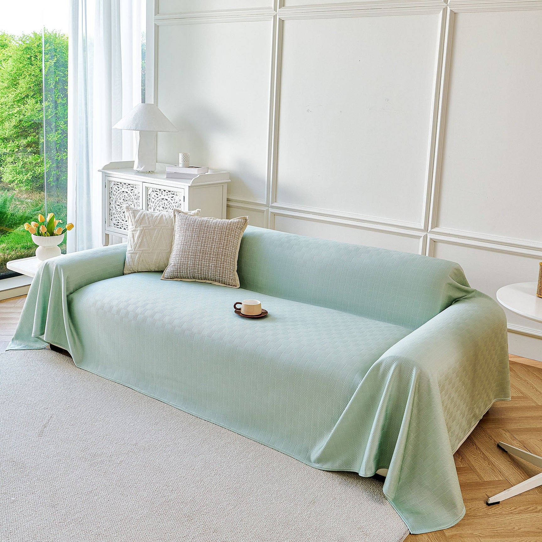 Cooling Ice Silk Soft Sofa Cover Blanket, Woven Geometric Textured Modern Couch Cover - Ornate Home