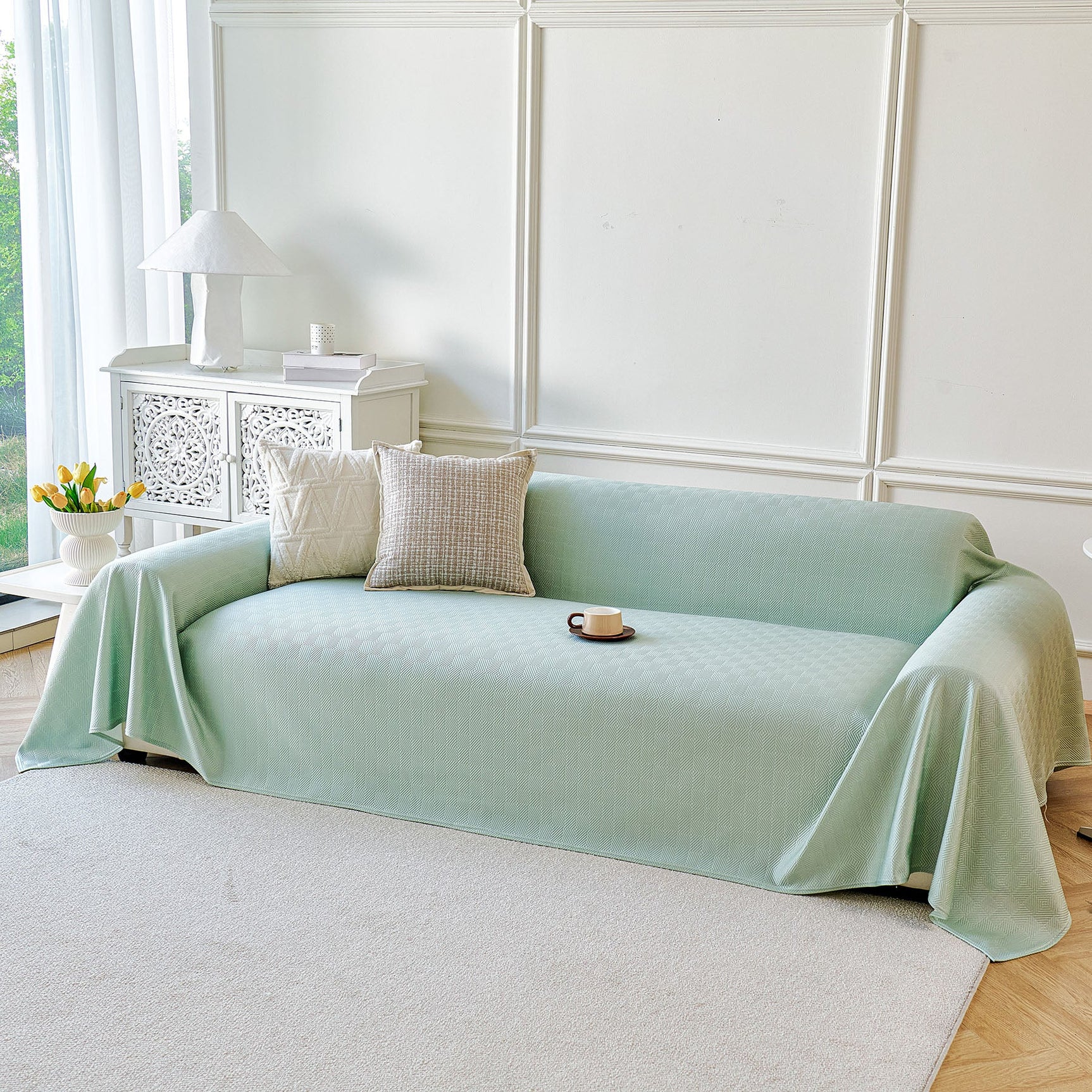 Cooling Ice Silk Soft Sofa Cover Blanket, Woven Geometric Textured Modern Couch Cover - Ornate Home