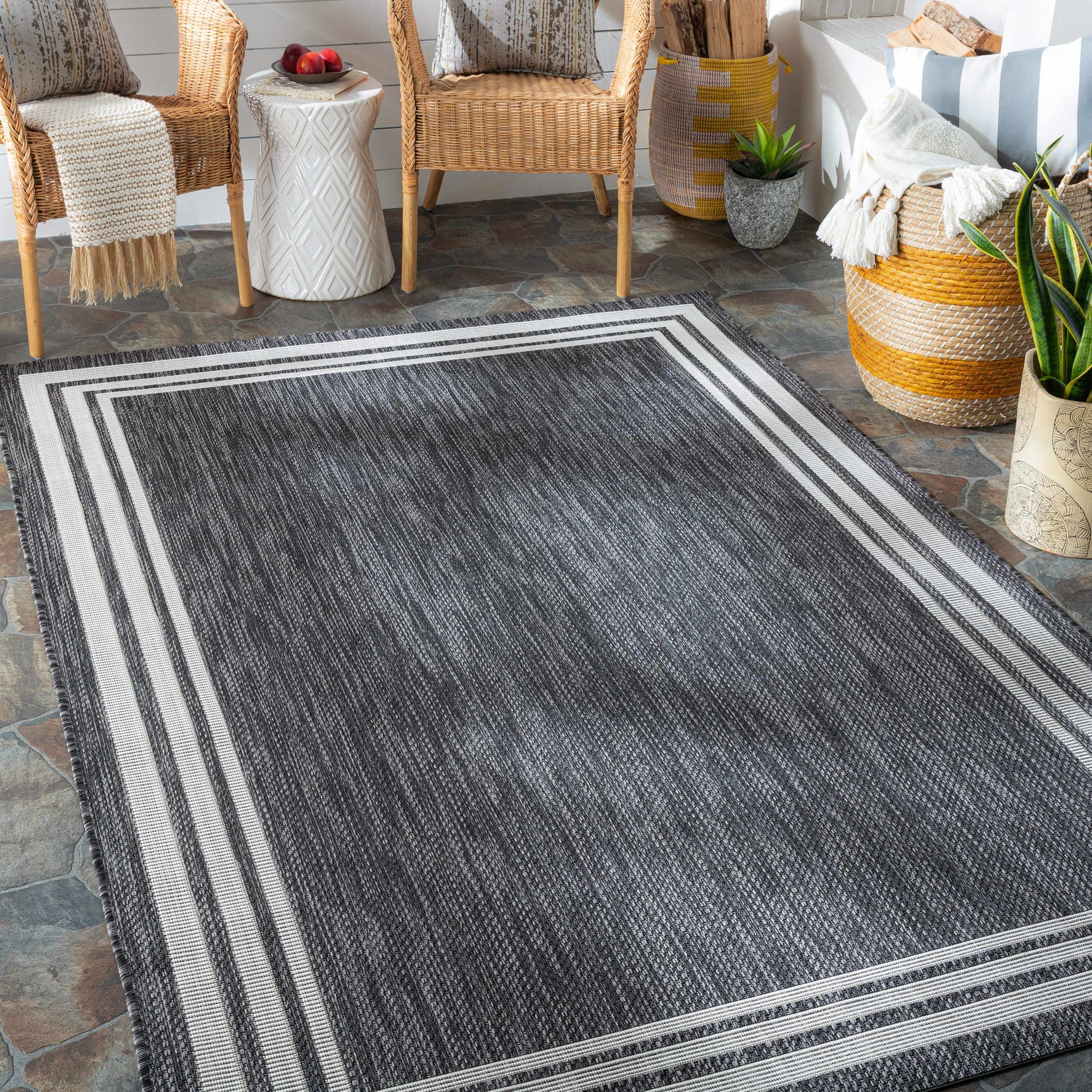 Coonamble Bordered Anthracite Outdoor Rug - Ornate Home