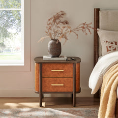 Coralie Walnut/Tan 2-Drawer Curved Vegan Leather Nightstand - Ornate Home