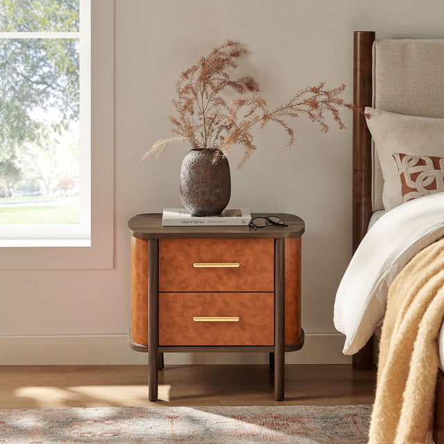 Coralie Walnut/Tan 2-Drawer Curved Vegan Leather Nightstand - Ornate Home