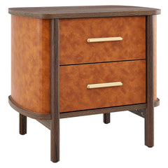 Coralie Walnut/Tan 2-Drawer Curved Vegan Leather Nightstand - Ornate Home