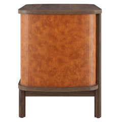 Coralie Walnut/Tan 2-Drawer Curved Vegan Leather Nightstand - Ornate Home