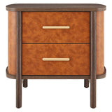 Coralie Walnut/Tan 2-Drawer Curved Vegan Leather Nightstand - Ornate Home