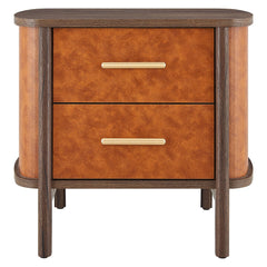 Coralie Walnut/Tan 2-Drawer Curved Vegan Leather Nightstand - Ornate Home