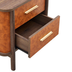Coralie Walnut/Tan 2-Drawer Curved Vegan Leather Nightstand - Ornate Home