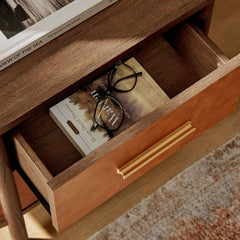 Coralie Walnut/Tan 2-Drawer Curved Vegan Leather Nightstand - Ornate Home
