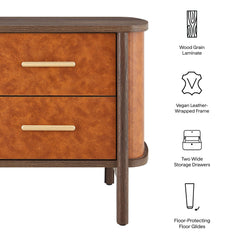 Coralie Walnut/Tan 2-Drawer Curved Vegan Leather Nightstand - Ornate Home