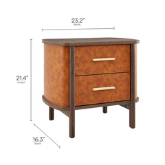 Coralie Walnut/Tan 2-Drawer Curved Vegan Leather Nightstand - Ornate Home