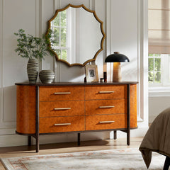 Coralie Walnut/Tan Curved 6-Drawer Vegan Leather Oval Dresser - Ornate Home