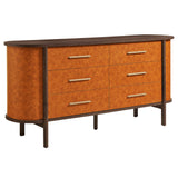 Coralie Walnut/Tan Curved 6-Drawer Vegan Leather Oval Dresser - Ornate Home