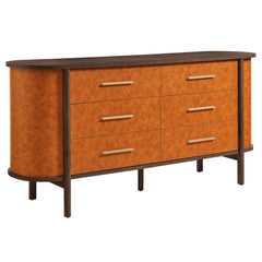 Coralie Walnut/Tan Curved 6-Drawer Vegan Leather Oval Dresser - Ornate Home