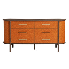 Coralie Walnut/Tan Curved 6-Drawer Vegan Leather Oval Dresser - Ornate Home