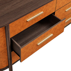 Coralie Walnut/Tan Curved 6-Drawer Vegan Leather Oval Dresser - Ornate Home