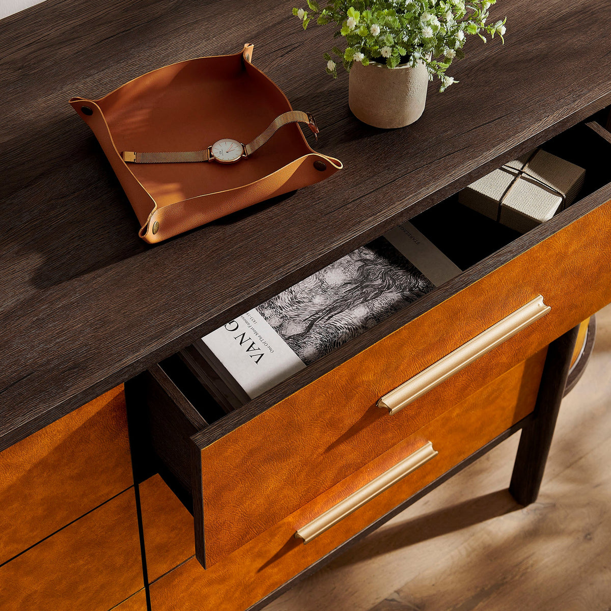 Coralie Walnut/Tan Curved 6-Drawer Vegan Leather Oval Dresser - Ornate Home