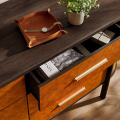 Coralie Walnut/Tan Curved 6-Drawer Vegan Leather Oval Dresser - Ornate Home